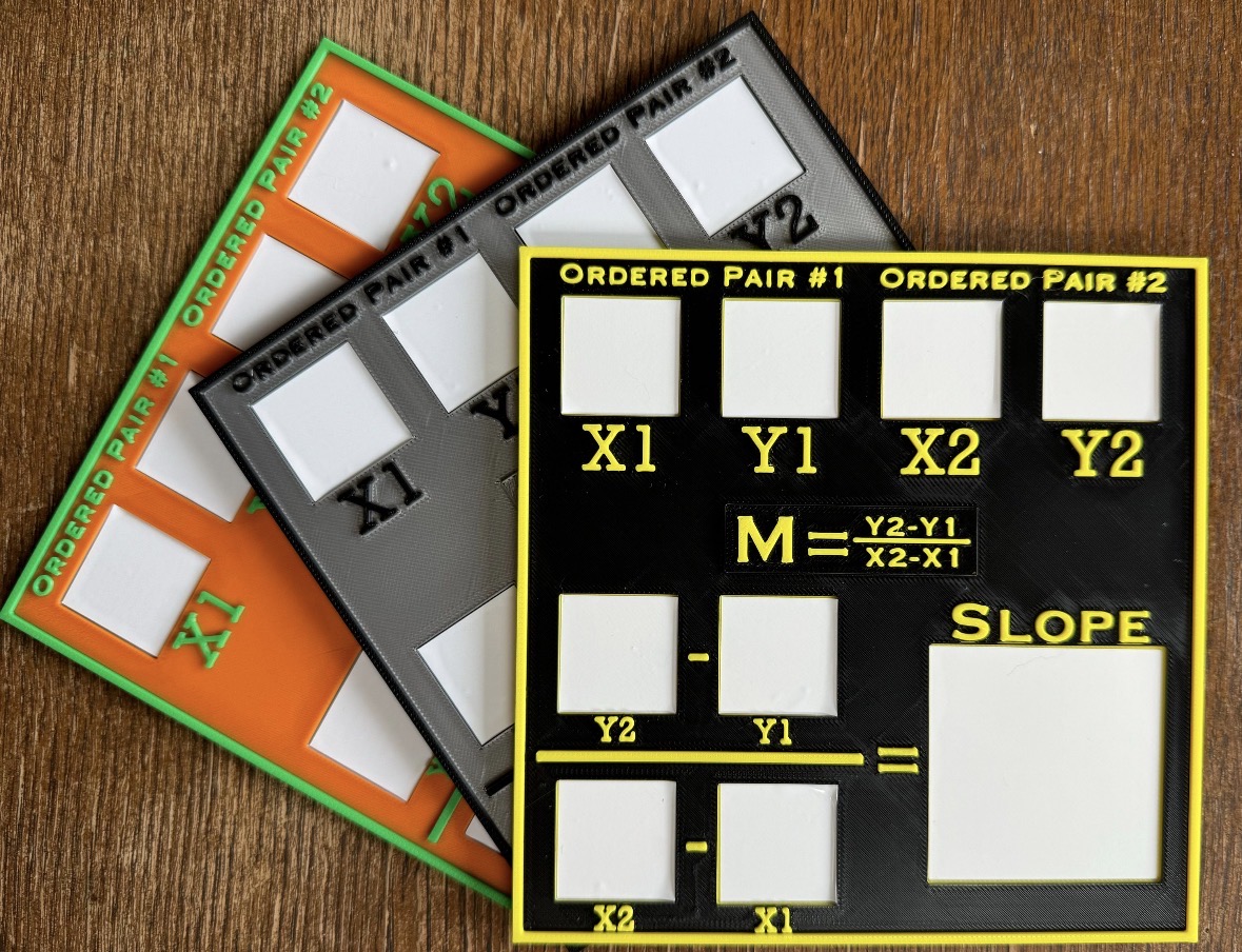 Black slope board with yellow lettering showing Ordered Pair #1 and #2, X1 Y1 X2 Y2, M = (Y2−Y1)/(X2−X1) and a Slope box, stacked in front of a gray and an orange board
