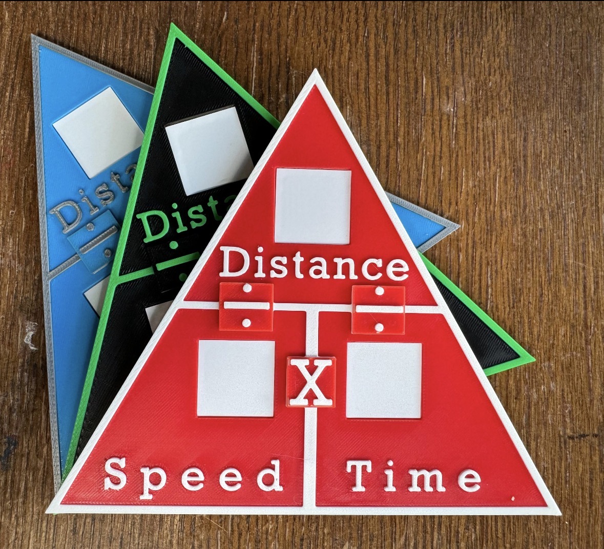 Three Speed formula triangles in red, black and blue showing Distance, Speed and Time with division and multiplication tabs