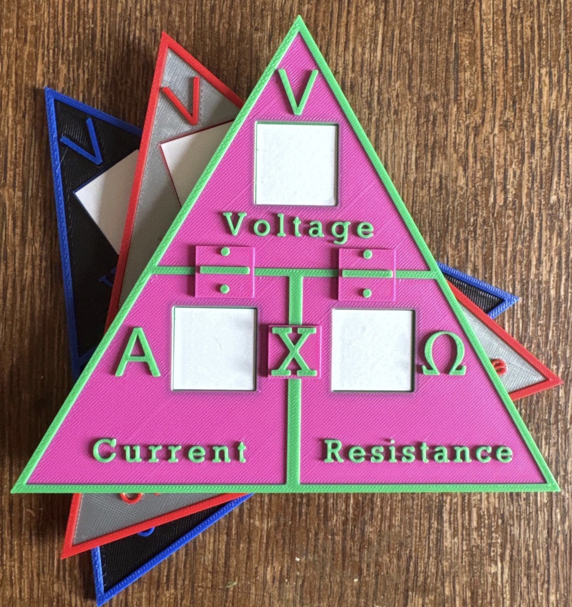 Magenta Ohm’s Law formula triangle with green lettering showing Voltage over Current (A) and Resistance (Ω), stacked in front of a red-on-white and a blue-on-black triangle